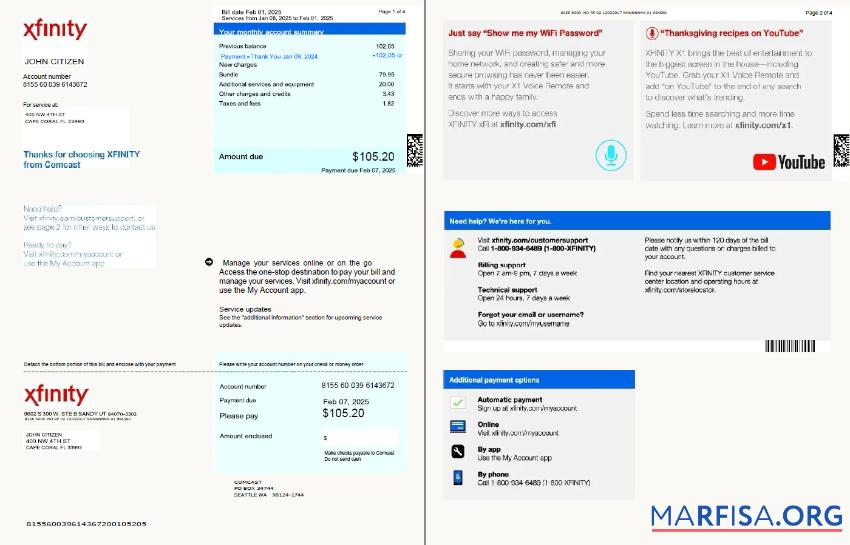 Blank USA Xfinity utility bill template in Word and PDF formats, 4 pages, version 3, 1 2 pages
